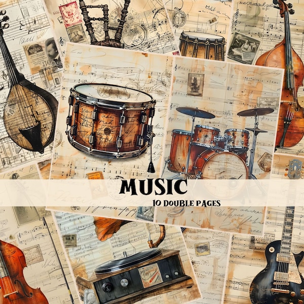 Music Junk Journal Kit Music Instruments Scrapbook Digital Printable Pages Music Junk Journal Supplies Instruments Shabby Chic Backgrounds