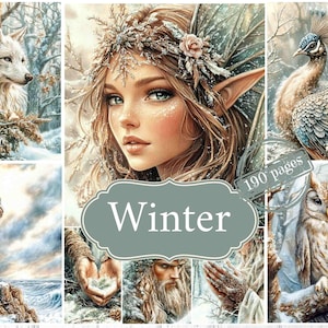 Kit stampabile per junk journal invernale: carte per scrapbooking a tema foresta incantata (download digitale)