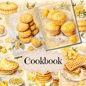 Suprimentos para diário de receitas, livro de receitas vintage amarelo, scrapbook, papel digital, páginas de culinária, fundos de sobremesas chiques e surradas, página de receitas antigas