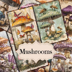 Kit de journal indésirable Champignons fantastiques Champignons colorés Fournitures de journal indésirable Forêt enchantée Arrière-plans Shabby Chic Scrapbook de champignons