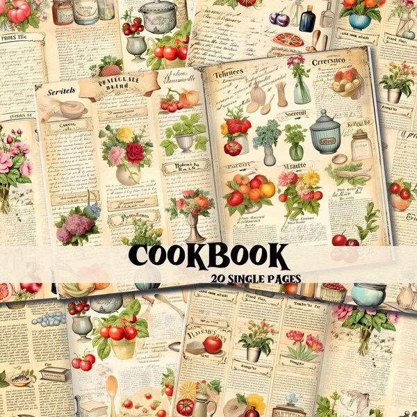 Junk Journal Kit Old Recipe Vintage Cookbook Digital Scrapbook Paper Kit Cooking Pages Junk Journal Supplies Shabby Chic Cookbook Ephemera