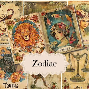 Suministros para diario basura del zodíaco vintage, álbum de recortes del zodíaco, papel digital, kit Shabby Chic del zodíaco, fondos del zodíaco