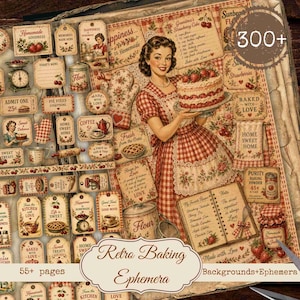 May include: A vintage-style ephemera set with a retro baking theme. The image features a woman in a red and white checkered dress holding a strawberry cake. Decorative tags, recipe cards, and the text "Retro Baking Ephemera" are also visible.