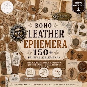May include: A digital download collection of over 150 printable ephemera elements including tags, tokens, labels, postcards, and journal cards. The design features brown and cream tones with illustrations of suns, moons, feathers, and botanical motifs.