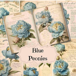 Junk Journal Kit Blue Peonies Junk Journal Printable Paper Vintage Junk Journal Supplies Scrapbook Pages Shabby Chic Blue Peonies Background