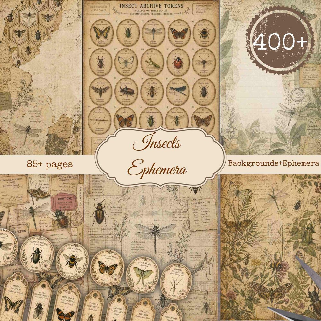 Printable Insect Journal Vintage Insects Junk Journal Kit: Printable Butterfly Ephemera & Cards ...