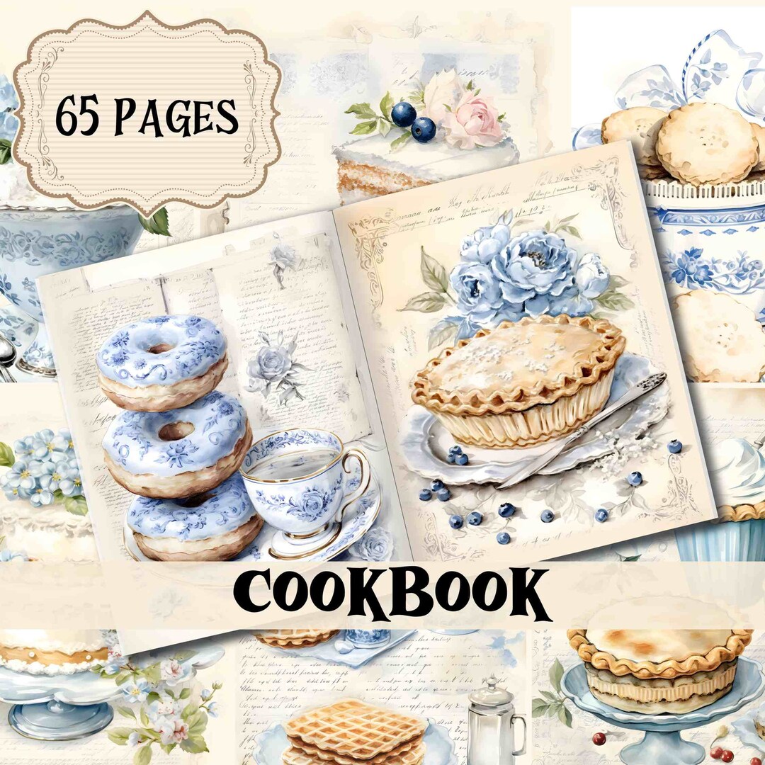 Cookbook Junk Journal Supplies Blue Vintage Cookbook Scrapbook Digital ...