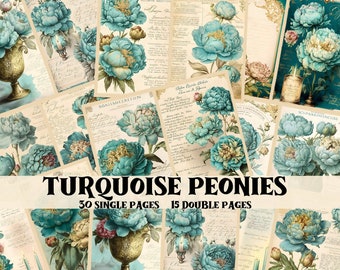 Junk Journal Kit Turquoise Peonies Junk Journal Printable Paper Vintage Junk Journal Supplies Shabby Chic Scrapbook Peonies Backgrounds