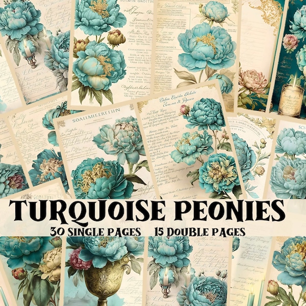 Junk Journal Kit Turquoise Peonies Junk Journal Printable Paper Vintage Junk Journal Supplies Shabby Chic Scrapbook Peonies Backgrounds