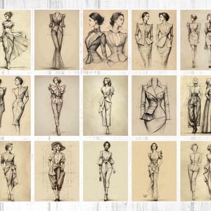 May include: A collection of pencil sketches of fashion designs. The drawings depict various outfits, including dresses, suits, and ensembles, showcasing different styles and silhouettes. The sketches are on a cream-colored background, giving them a vintage aesthetic.