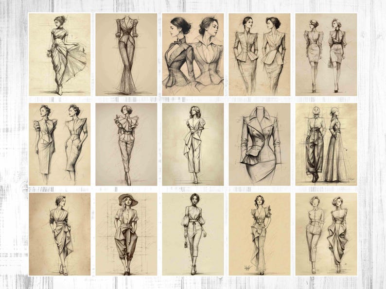 May include: A collection of pencil sketches of fashion designs. The drawings depict various outfits, including dresses, suits, and ensembles, showcasing different styles and silhouettes. The sketches are on a cream-colored background, giving them a vintage aesthetic.