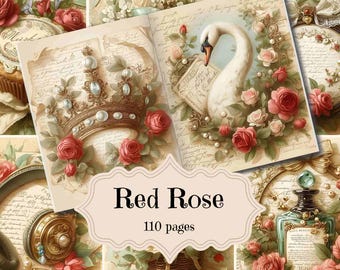 Vintage Red Roses Junk Journal Kit: Shabby Chic Scrapbookpagina's (digitale download)