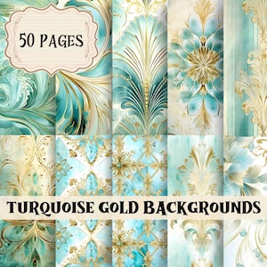 Luxury Background Gold Turquoise Junk Journal Kit Watercolor Printable Digital Paper Luxury Digital Scrapbook Background Shabby Chic Pages