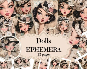 Puede incluir: Un collage de ilustraciones de muñecas de estilo vintage con elegantes sombreros y pendientes de perlas. La obra de arte presenta una paleta de colores suaves con las palabras "Dolls EPHEMERA 12 pages" en un marco decorativo.