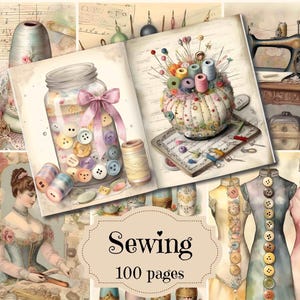 Kit de diario de costura vintage, páginas imprimibles digitales para álbumes de recortes de costura, suministros para diario de costura vintage, fondos shabby chic