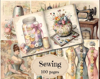 Vintage Sewing Junk Journal Kit: Shabby Chic Ephemera (Digital Printable)