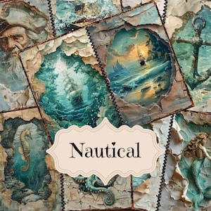 Kit de diário de lixo náutico Ocean Vintage Scrapbook Pages Fundos chiques e surrados náuticos Diário de lixo subaquático Suprimentos Arte para impressão