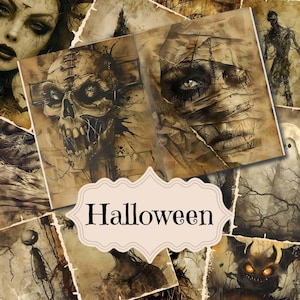 Vintage Halloween-rommeldagboekbenodigdheden Halloween-plakboek Afdrukbare collagekit Halloween Shabby Chic Halloween-achtergronden