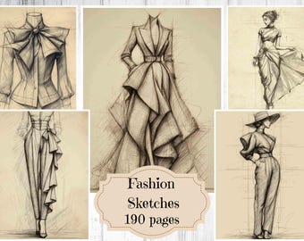 May include: A collection of fashion sketches in sepia tones. The sketches depict various clothing designs, including a blouse with a large bow, a tailored coat with a flowing skirt, and a woman in a pantsuit. The text "Fashion Sketches 190 pages" is also visible.