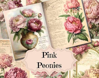 Printable Pink Peonies Junk Journal Kit: Shabby Chic Printable Paper (Digital Download)
