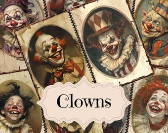 May include: A collage of vintage-style images featuring clowns with various expressions. The images are framed in ornate frames and have a distressed, aged look. The word "Clowns" is written in a decorative font across the center of the collage.