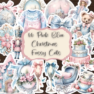 Diario vintage con recortes de Navidad, álbum de recortes de Navidad con recortes de Navidad, suministros imprimibles, acuarela, rosa, azul bebé, efímeras navideñas