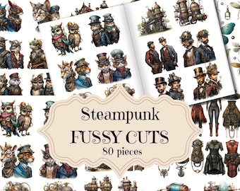 May include: A set of 80 steampunk-themed fussy cuts, featuring illustrations of gears, robots, airships, and other whimsical elements. The fussy cuts are printed on white paper and are perfect for scrapbooking, card making, and other paper crafts.