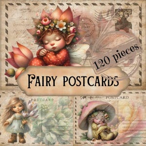 Op de afbeelding: Een collage van ansichtkaarten met feeën. De centrale afbeelding toont een slapende fee met een bloemenkroon. De tekst "FAIRY POSTCARDS" staat op een banner. De afbeelding bevat de tekst "120 pieces".