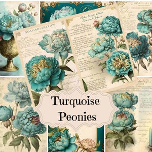 Kit de diario basura Peonías turquesas Papel imprimible para diario basura Suministros para diario basura vintage Álbum de recortes Shabby Chic Fondos de peonías