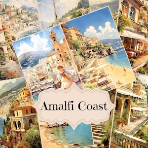 Kit per diario spazzatura Costiera Amalfitana Italia Kit collage digitale per album di ritagli vintage Amalfi Italia Forniture per diario spazzatura Italia Sfondi shabby chic