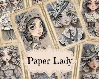Puede incluir: Un collage de papel digital con ilustraciones de mujeres con ropa y accesorios intrincados de papel. El texto "Paper Lady" está en el centro del collage.