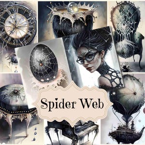 Suministros para diario de basura de araña, kit de papel digital para álbum de recortes de araña negra, fondos de telaraña de estilo shabby chic de araña
