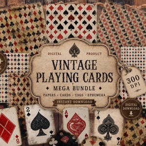 May include: A digital product bundle of vintage playing cards featuring various card suit patterns in red, black, and cream. The central label reads: DIGITAL PRODUCT VINTAGE PLAYING CARDS MEGA BUNDLE PAPERS CARDS TAGS EPHEMERA INSTANT DOWNLOAD.