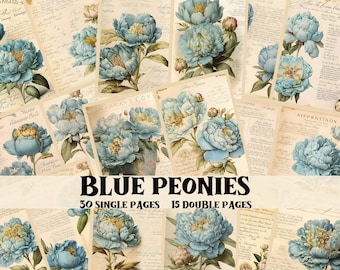 Junk Journal Kit Blue Peonies Junk Journal Printable Paper Vintage Junk Journal Supplies Scrapbook Pages Shabby Chic Blue Peonies Background