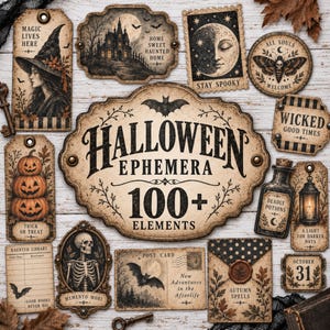 Può includere: Una collezione di efemeridi di Halloween in stile vintage con un grande cartello centrale con la scritta Halloween Ephemera 100+ Elements, circondato da etichette, cartoline e illustrazioni di una strega, uno scheletro, zucche, pipistrelli e pozioni.