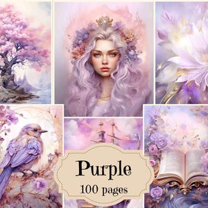 Kit de diario basura, papel imprimible vintage morado, páginas moradas para álbumes de recortes, materiales para diario basura, efímeras shabby chic, papel morado