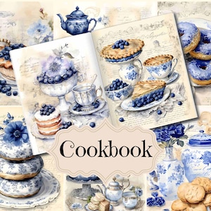 Suprimentos para diário de receitas, livro de receitas vintage azul, scrapbook, papel digital, páginas de culinária, fundos de sobremesas chiques e surrados, página de receitas antigas