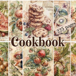 以下が含まれることがあります： スイカ、クッキー、イチゴなど、さまざまな食べ物のイラストが描かれた、水彩画風の料理本の表紙。「Cookbook」の文字が大きく表示されています。「225ページ」と書かれたスタンプも付いています。