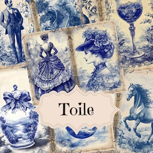 Romantisches Viktorianisches Junk Journal Zubehör Vintage Blau Toile Sammelalbum Digital Druckbare Seiten Shabby Chic Viktorianischen Toile Hintergründe