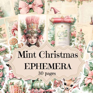 Junk-Journal Kit Rosa Mint Weihnachten Aquarell Junk-Journal Vintage Scrapbook Zubehör Weihnachten Shabby Chic Ephemera druckbare Hintergründe