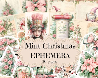 May include: A digital paper pack with 30 pages of vintage Christmas illustrations. The illustrations feature a variety of themes, including a girl in a pink hat, a train, a deer, and a gingerbread man. The illustrations are in a mint green and pink color scheme.