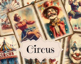 May include: A vintage collage of circus images, including a Ferris wheel, a clown, a ringmaster, and a performer in a red and blue costume. The word "Circus" is written in a decorative font on a pink background.