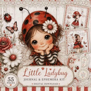 Pode incluir: Um kit digital de diário e efêmera com uma ilustração central de uma criança usando um chapéu de joaninha vermelho com pontos pretos e uma margarida branca. O design inclui joaninhas, borboletas, flores e o texto Little Ladybug.