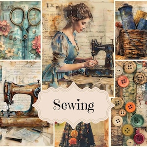 Kit diario di cucito vintage, album di ritagli di cucito, pagine digitali stampabili, forniture per diario di cucito vintage, sfondi shabby chic