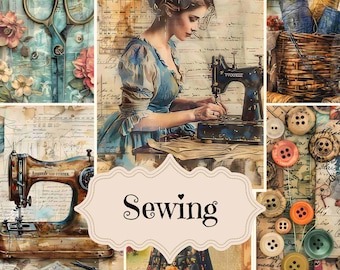 May include: A vintage-inspired collage featuring sewing-themed imagery. The collage includes a woman sewing on a vintage sewing machine, a pair of scissors, spools of thread, buttons, and a sewing machine with the text "Sewing" in a decorative font.
