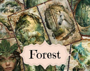 May include: A collage of images featuring a forest scene with a unicorn, a woman with green eyes and a leafy crown, and a waterfall in a mountainous landscape. The word "Forest" is written in a decorative font on a pink banner.