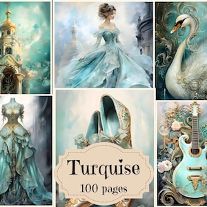 Junk Journal Kit Turquoise Black Vintage Junk Journal Supplies  Scrapbook Printable Pages Junk Journal Backgrounds Shabby Chic Ephemera Kit