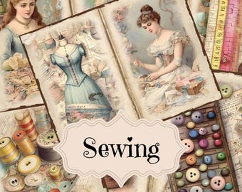 May include: A vintage collage of images related to sewing. The collage includes images of spools of thread, buttons, a woman sewing, and a dress form. The word "Sewing" is written in a decorative font on a beige background.