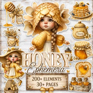 May include: A digital collection of honey-themed illustrations featuring two children in yellow outfits, a stack of pancakes, a honey pot, a jar of honey, a beehive, a slice of toast with honey, and a wooden sign labelled HONEY EPHEMERA 200+ ELEMENTS 30+ PAGES.