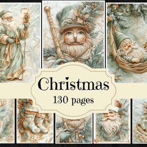 Fournitures de journal indésirable de Noël à la menthe aquarelle, papiers de scrapbooking de Noël vintage, arrière-plans de Noël shabby chic, images de Noël